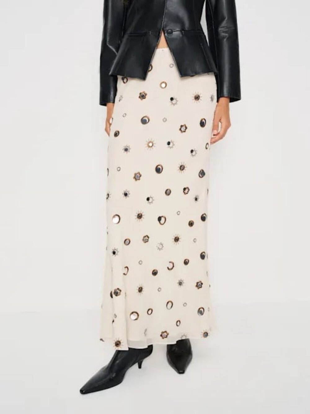 NWT Reformation Layla Skirt Almond Embellished Celestial Mirror Sun Moon Star 2